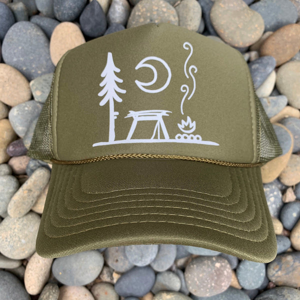Surf Camp.  5-panel, mesh snap-back Trucker hat