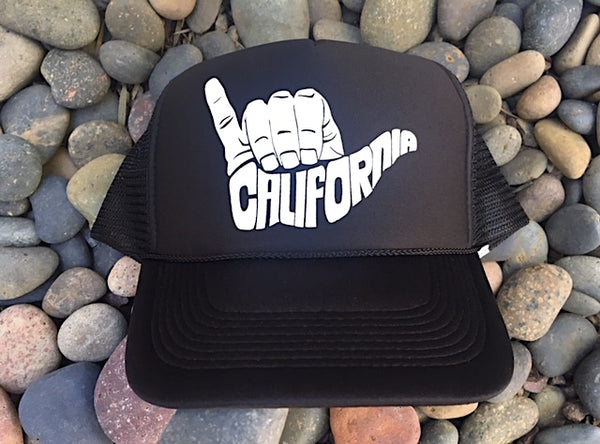 California Shaka Trucker  Hat in Black - Original Design by Pacific Coast Apparel, Encinitas, California