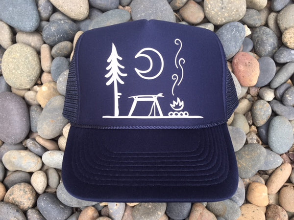 Surf Camp.  5-panel, mesh snap-back Trucker hat