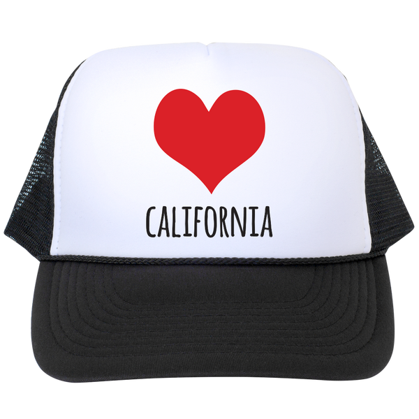 California Love Trucker Hat - White Front Panel with Large Red Heart - Designed & Printed in USA - Free Shipping