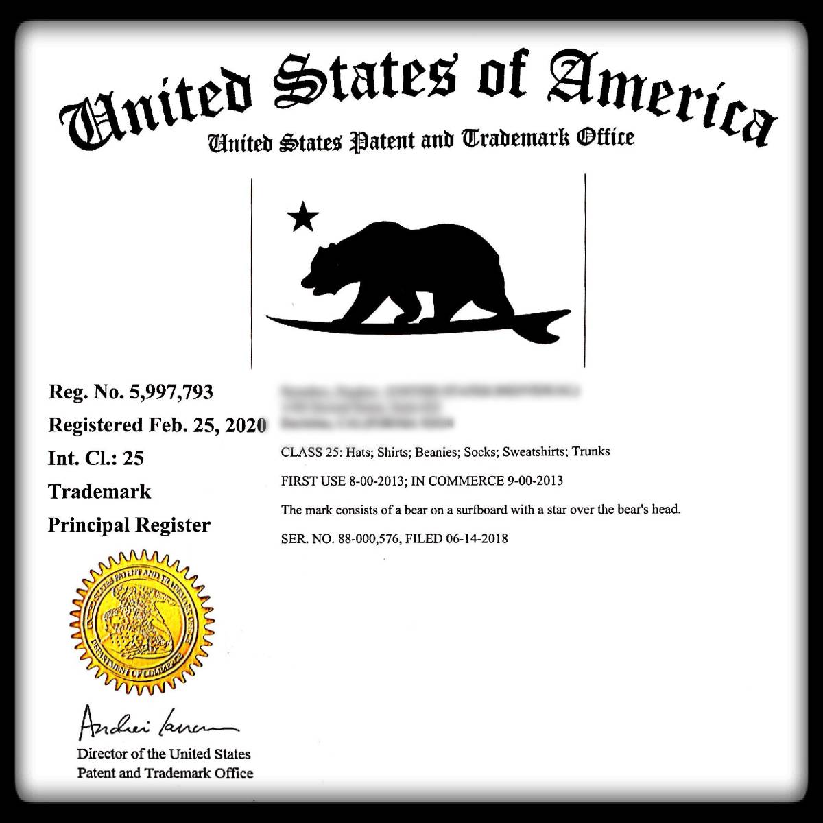 California Surf Bear Trademark - Pacific Coast Apparel - USPTO Certificate