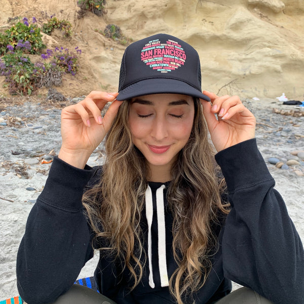 San Francisco Community Heart Trucker Hat - All The Famous Streets and Neighbourhoods of SF - Unisex - One Size Fits Most - Black with Pastel Lettering