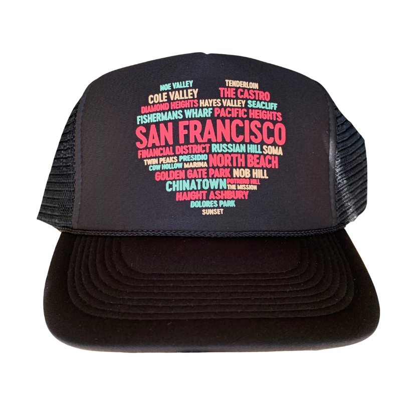 San Francisco Community Heart Trucker Hat - Black with Pastel Text